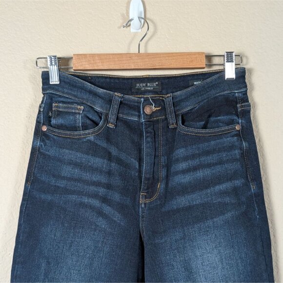 Judy Blue Cropped Wide Leg Jeans Dark Wash 5/27 Raw Hem Boho Casual - Picture 2 of 8